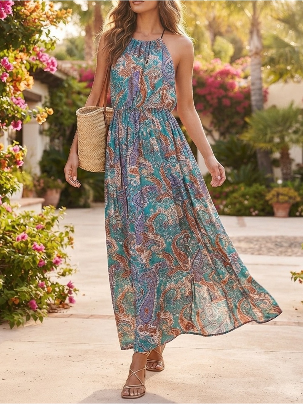 🔥🚨 FLASH SALE: ALL FOR JUST $10 USD! 🚨🔥 Boho Paisley Print Halter Maxi Dress Tea